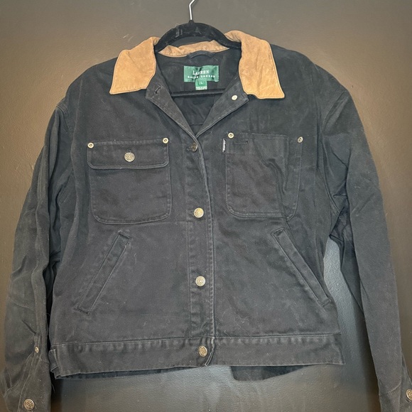 Ralph Lauren Black Jacket with Tan Leather Collar - Picture 2 of 11